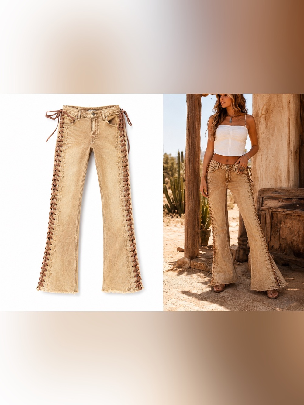 NWT Rise Supply Co Tan Full Side Lace-Up Flare Jeans Y2K Size 1 - Picture 3 of 13